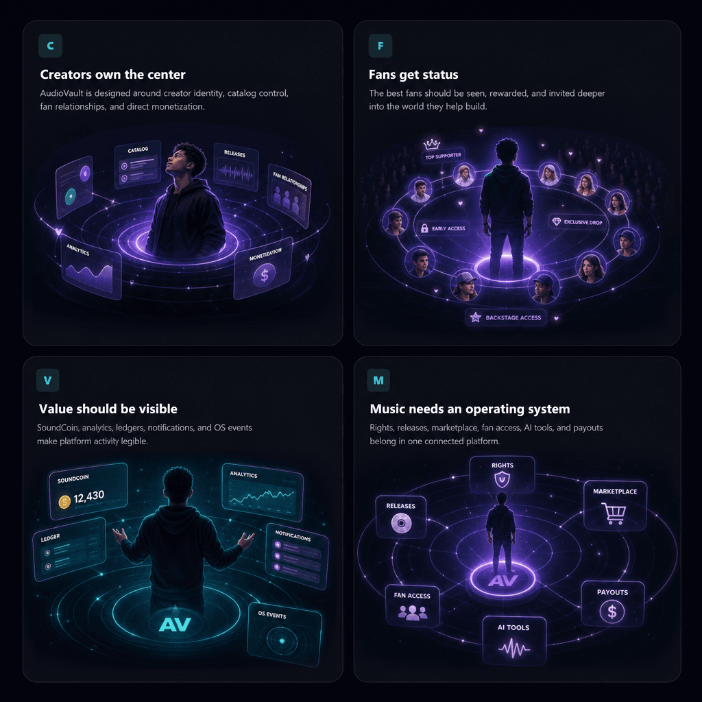 Creators own the center: Creator identity, catalog control, fan relationships, and direct monetization.